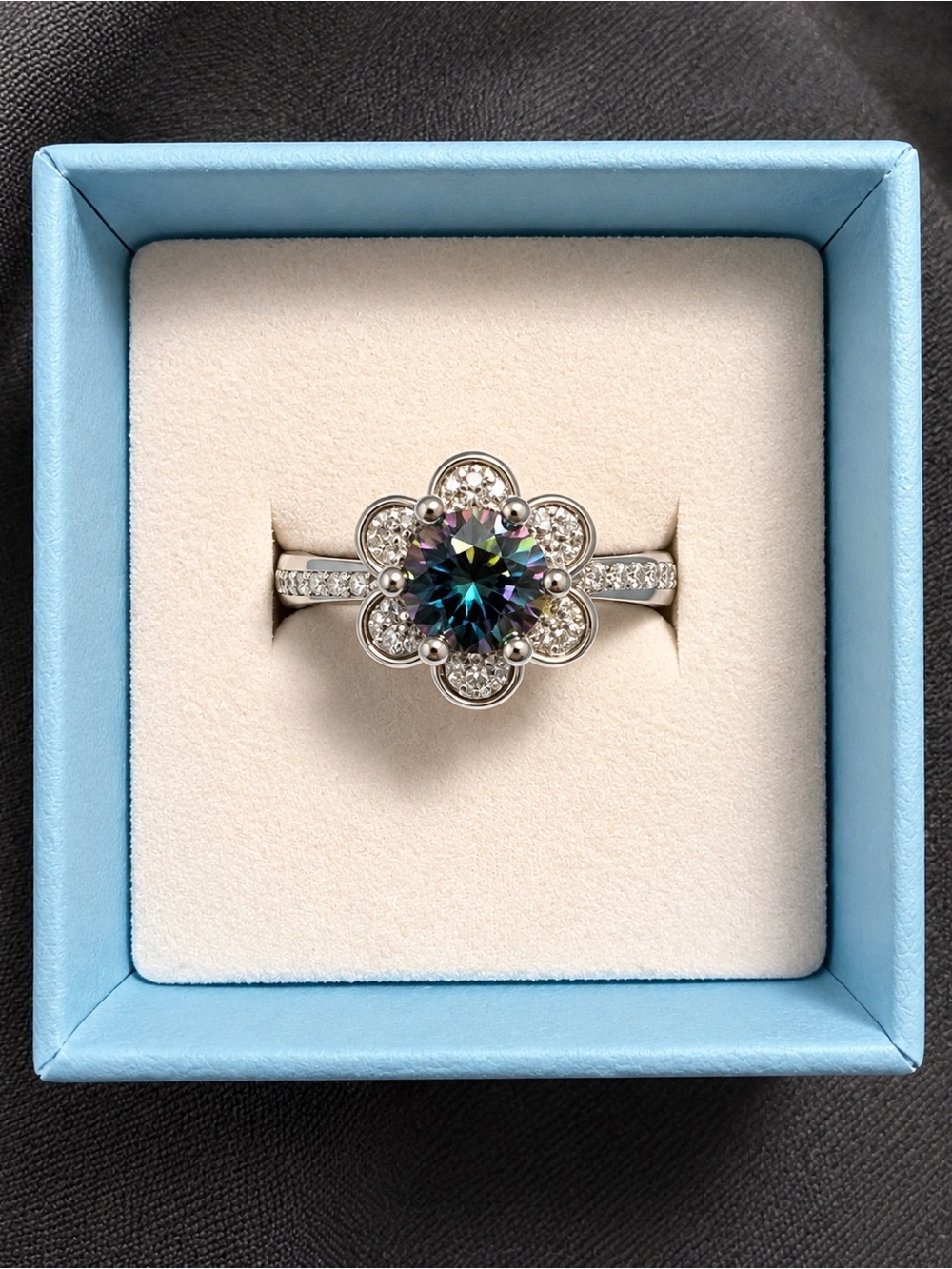1 CT Rainbow Blue Moissanite Floral Ring – 18K White Gold Plated -Adjustabie